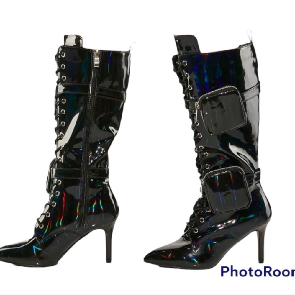 D-K BLACK HOLOGRAPHIC HEELED BOOTS BNIB